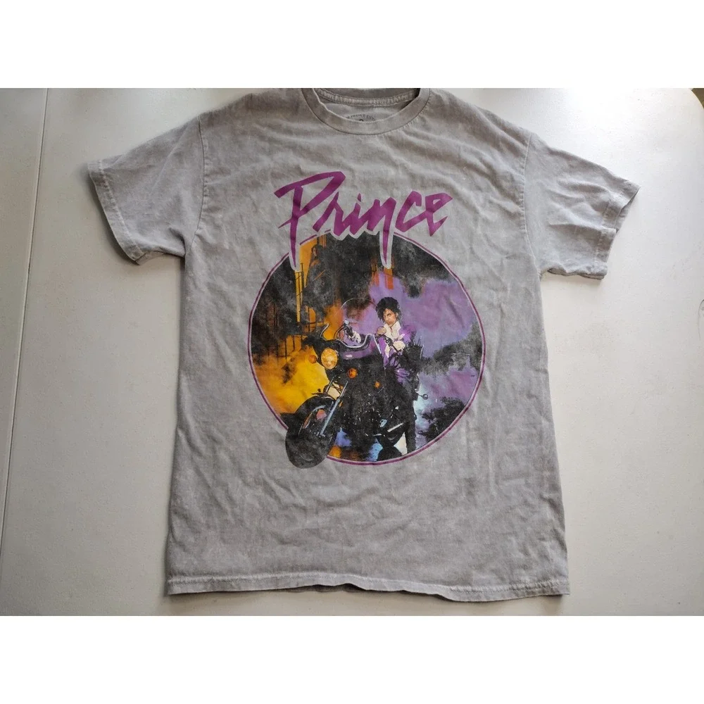 Prince Estate Purple Rain Motorcycle Graphic T-Shirt Grey Acid Wash Mens Medium